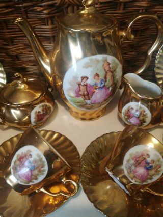 Vintage Czechoslovakia Porcelain Tea Set gold Lustre Rococo Scene 3