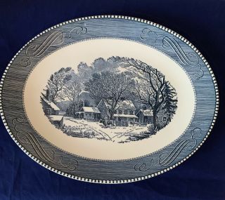Vtg Currier And Ives " Old Inn Winter " Blue Oval Serving Platter 13 " Royal China