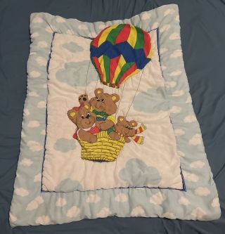 Vintage Thats Our Baby Quilted Crib Blanket Bear Balloons Ruffle 1980s 33”x42.  5”