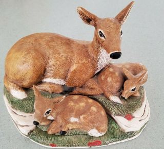 Vintage Lifelike Ceramic Hand Painted Deer Family Figurine Signed & Dated 1982