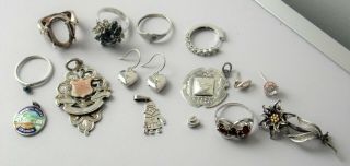 Modern / Vintage 800 925 Silver Rings Brooch Earrings Watch Fob - Scrap / Wear