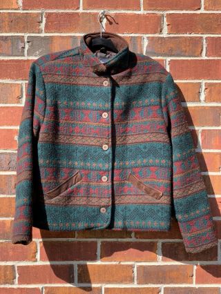 Vintage Woolrich Southwestern Navajo Blanket Wool Blend Leather Coat Medium