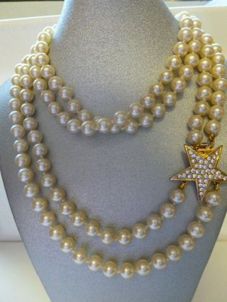 Vintage Joan Rivers Double Strand Faux Pearl Rhinestone Star Clasp Necklace