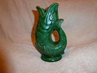 Vintage Devon Dartmouth Pottery Green Glazed Gurgling / Gluggle Glug Fish Jug.