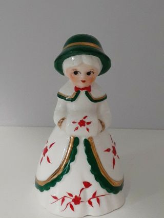 Vintage Christmas Lady Bell 3.  75 " Green Hat White Red Gold Trim