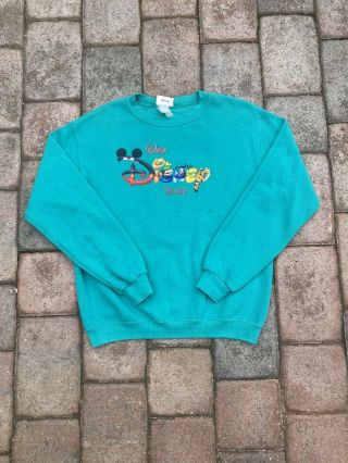 Vintage Walt Disney World Sweatshirt Adult Medium Green Mickey Spellout Logo