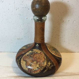 Vintage Decanter Made In Italy Leather Wrapped World Map Glass Bottle,  Wood Cork