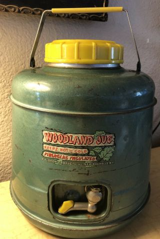 Vtg 10 " Tall Woodland Jug Metal Thermos Water Cooler 1 Gallon Spigot Cabin Green