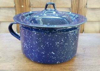 Vintage Enamel Ware Graniteware Blue White Speckled Primitive Chamber Pot W/lid