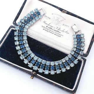 Vintage Art Deco Triple - Row Glass Aquamarine & Sapphire Sparkling Bracelet