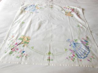 Vintage Hand - Embroidered Floral Linen Tablecloth/lady In Crinoline/trees
