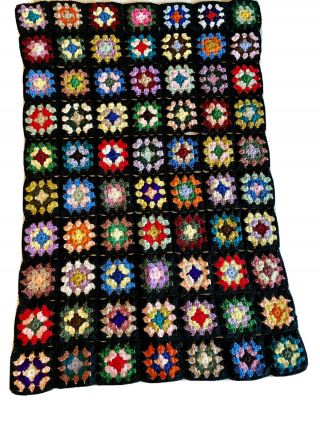 Vintage Granny Square Boho Afghan 47” X 32” Bright Crochet Squares Throw Blanket