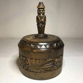 Vintage Folk Tramp Art Hand Carved Wooden Box With Pipe Smoking Figure Round