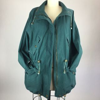 Army Green Jacket,  Women’s Small,  Vintage Cotton Coat With Leather Trim,  Pockets