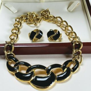 Vintage Jewellery Signed Napier Black Enamel Gold Plated Necklace & Earrings