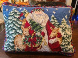 Vtg Wool Needlepoint Pillow Christmas Santa Velvet Back Feather Insert 14x19 ??