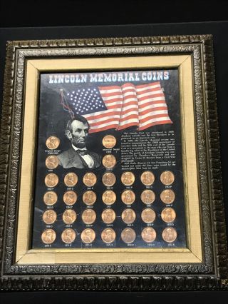 Lincoln Memorial Cent Framed Set 32 - Coins 1959 - 1972 11.  5”x13.  5” Vintage Frame