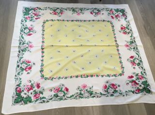 Vintage Tablecloth,  Rayon/cotton,  Printed Spring Flower Design,  Yellow,  Pink