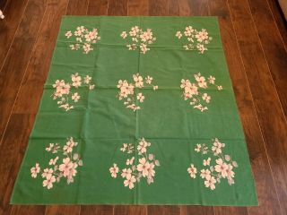 Vintage 52 " X 46 " Cotton Tablecloth Printed Green White Dogwood Blossoms