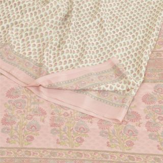 Sanskriti Vintage White Sarees Art Silk Fabric Craft Printed Sewing 5 Yard Sari