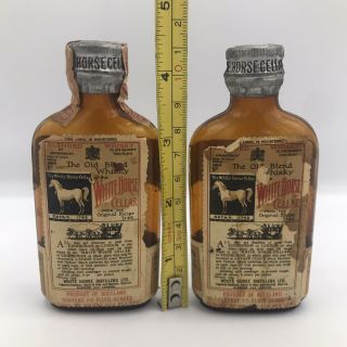 2 Vintage White Horse Cellar Scotch Whiskey Miniature Empty Bottles Dated 1934