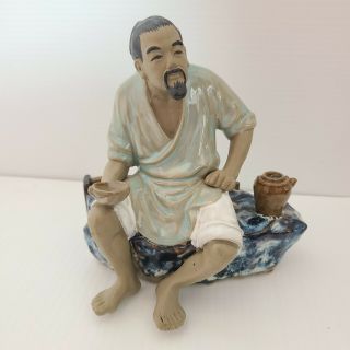 Vintage Siawan Mudman Chinese Pottery Figurine Statue Man Pondering On Rock