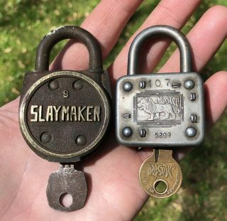 2 Vintage Padlocks W/keys Master 77 Walking Lion Brass Slaymaker 9