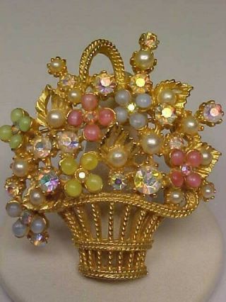 Vintage Signed Art Goldtone & Lucite/rhinestone/faux Pearl Flower Basket Brooch
