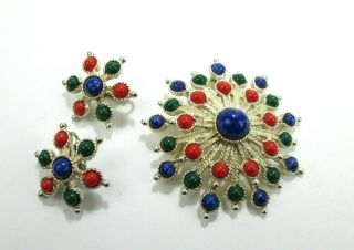 Vintage Sarah Coventry Brooch Pin Clip On Earring Set Blue Green Red Gold Tone