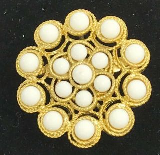 Vintage Gold Tone Brooch Pendant Rope White Bead Burst Style Textured Mod Signed