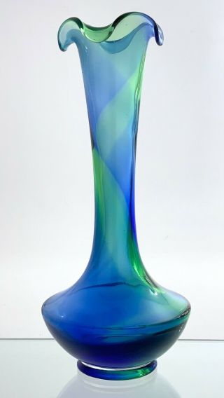 Vintage Hand Blown Art Glass Bud Vase Blue Green Stripe 8in U583