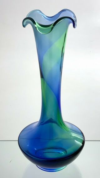 Vintage Hand Blown Art Glass Bud Vase Blue Green Stripe 8in U583 2