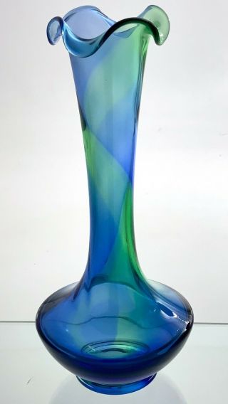Vintage Hand Blown Art Glass Bud Vase Blue Green Stripe 8in U583 3