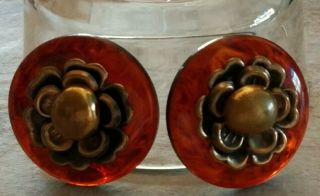 2 Vtg Extra Large Tortoiseshell 2 Piece Floral Buttons 1 3/4 " Brass Shank Lucite