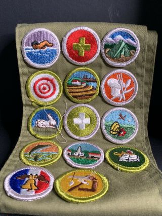 Vintage Boy Scout Bsa Merit Badge Sash With 14 Badges