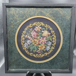 Vtg Petite Point Needlepoint Floral Picture Completed And Matted Framed,  Glass