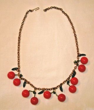 Vintage Bakelite Red Cherry With Green Leaves Estate Jewelry Necklace