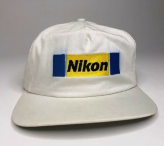 Vtg Regency Usa Yellow & Blue Nikon Logo Adjustable Leather Strap Ball Cap Hat
