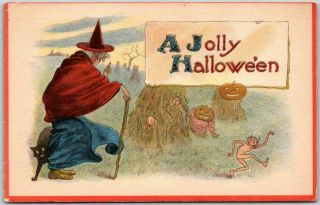 Vintage 1910s " A Jolly Halloween " Postcard Red Witch Black Cat Goblins Jols Bs
