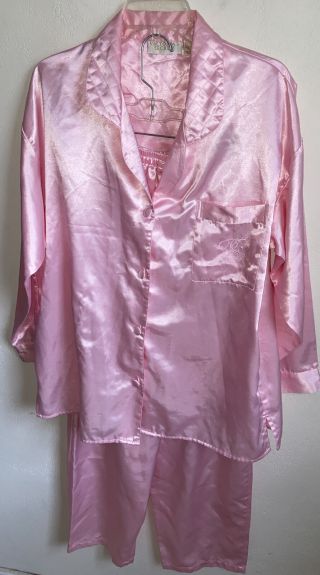 Vintage Victorias Secret 2 Piece Pink Satin Pajama Pj Set Gold Label Logo - M
