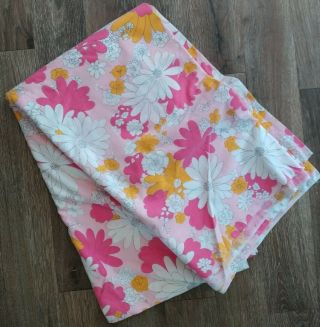 Vtg Cannon Pink Flower Power Double Full Flat Top Sheet Pink White Daisies Usa