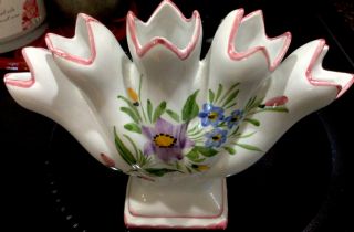 Vintage Hand Painted Signed Portugal Five Finger Vase Multi Color Floral Design