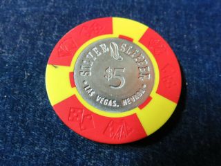 Orig Vintage Casino Poker Chip " $5 Silver Slipper - Las Vegas Nevada "