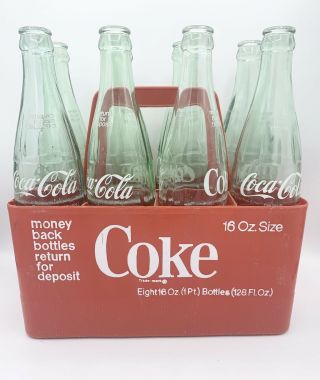 Vintage Coca Cola 16 Oz.  8 - Pack Red Coke Plastic Bottle Crate And Bottles