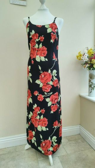 Lovely Vintage Laura Ashley Black With Red Floral Roses Dress Sz 10
