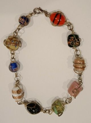 Vintage Set Venetian Glass Bead Necklace Bracelet Silver Wire Wrapped Lampwork