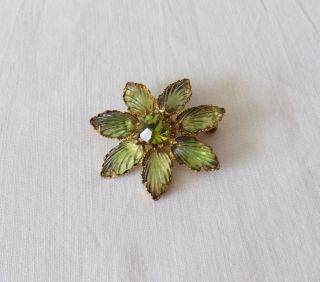Vintage Flower Brooch With Green Glass Beads