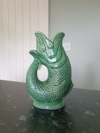 Vintage Dartmouth Pottery Devon Green Glaze Fish Gurgle Glug Jug 19cm High.