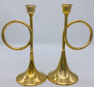 Set Of 2 Vtg Lg Solid Brass Horn Trumpet Candlesticks Candle Holder Decor 8”h.