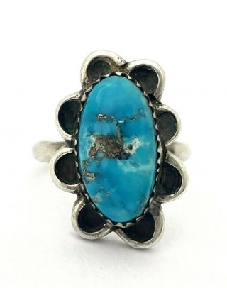 Vintage Navajo High - Grade Turquoise Sterling Silver Flower Design Ring Sz.  6.  75